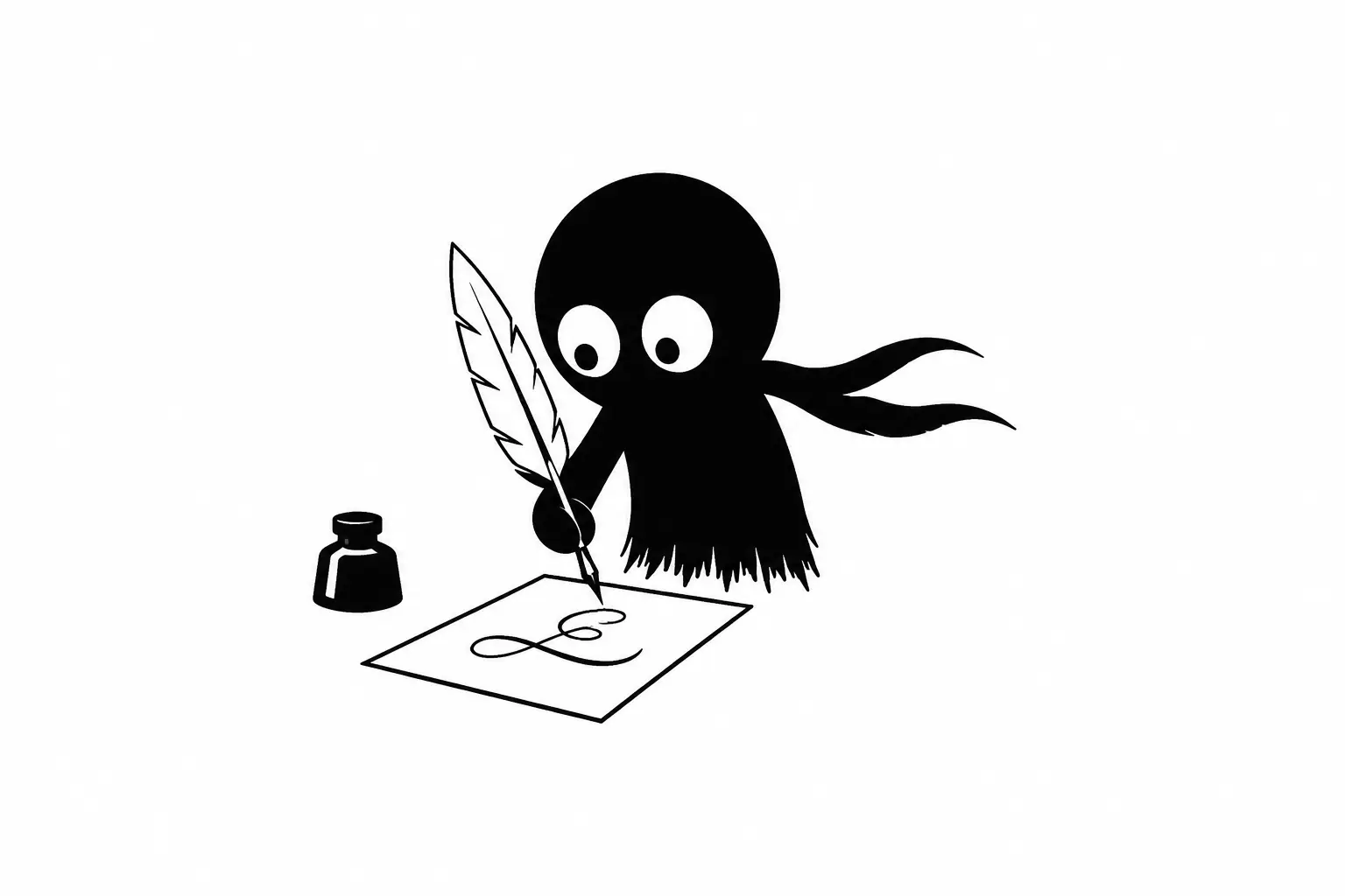 Kiro, petit personnage noir minimaliste, crée une signature artistique unique avec un pinceau sur fond blanc, symbolisant l’expression créative et l’identité d’auteur.