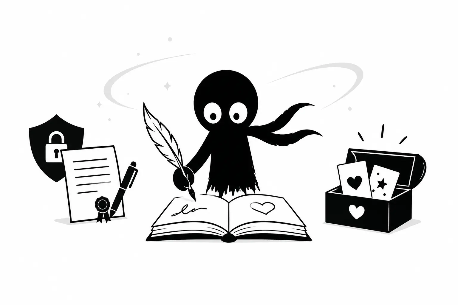 Illustration minimaliste en noir et blanc de Kiro écrivant dans un livre avec une plume, entouré de symboles représentant la signature, la protection juridique et le personal branding.