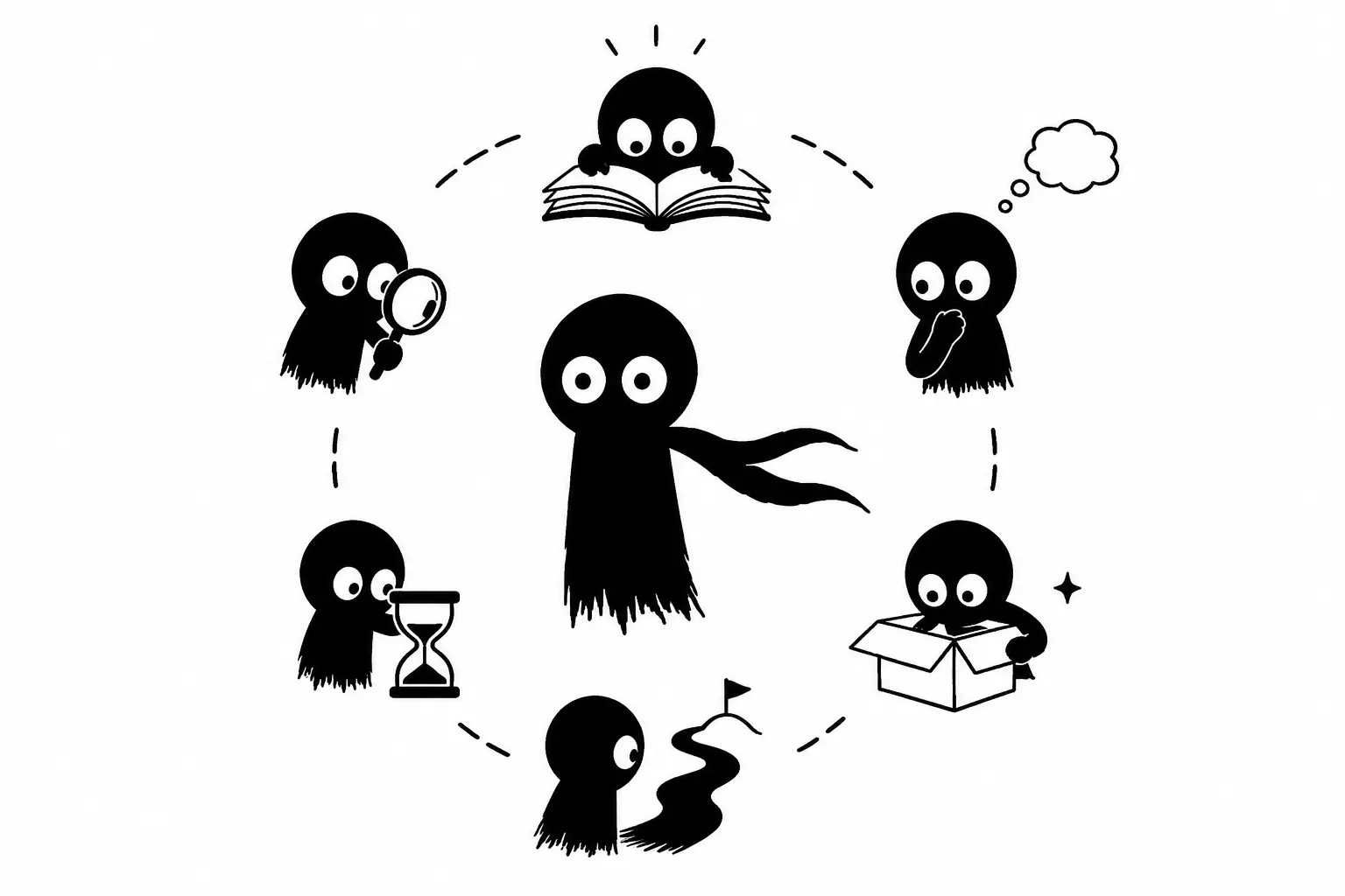 Kiro explore le suspense narratif à travers des scènes de réflexion, découverte et anticipation dans une illustration minimaliste noir et blanc.