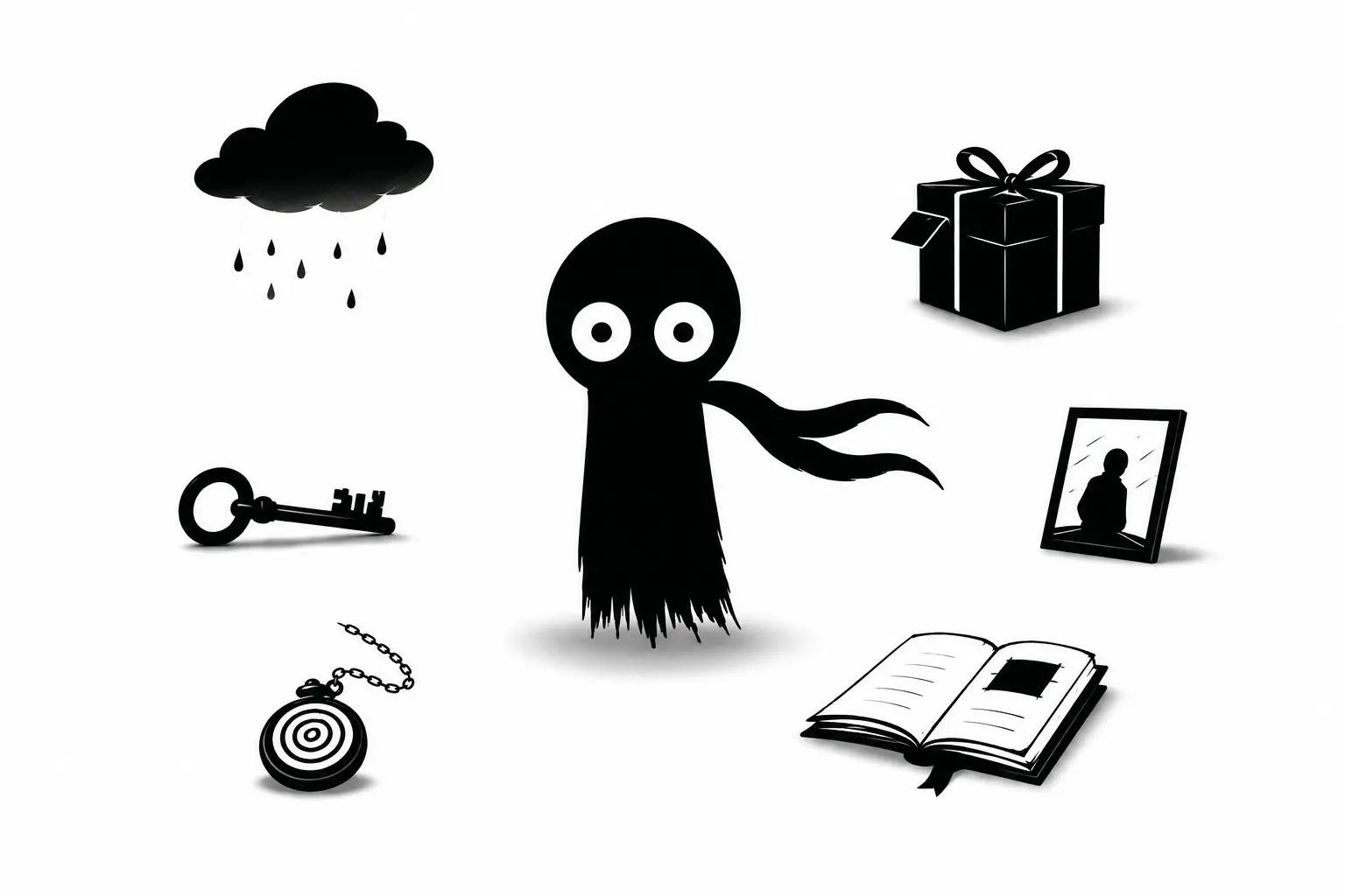 Kiro entouré d’objets mystérieux et de symboles de présages sur fond blanc minimaliste