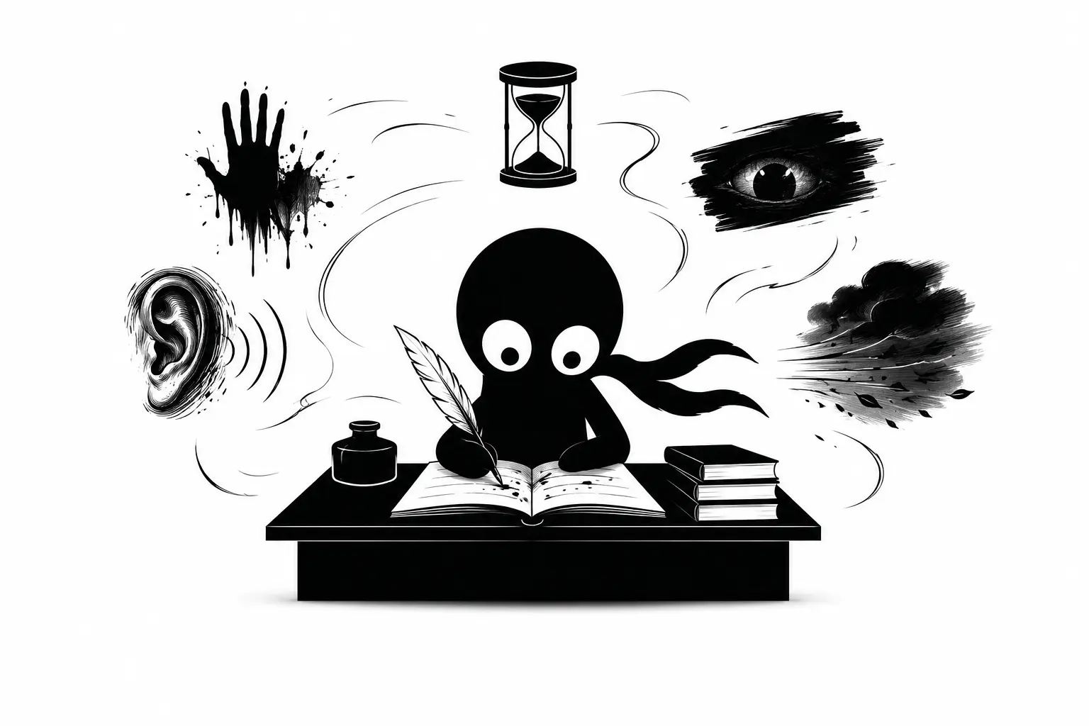 Kiro écrivant dans une ambiance sombre entouré de symboles sensoriels et d’éléments inquiétants
