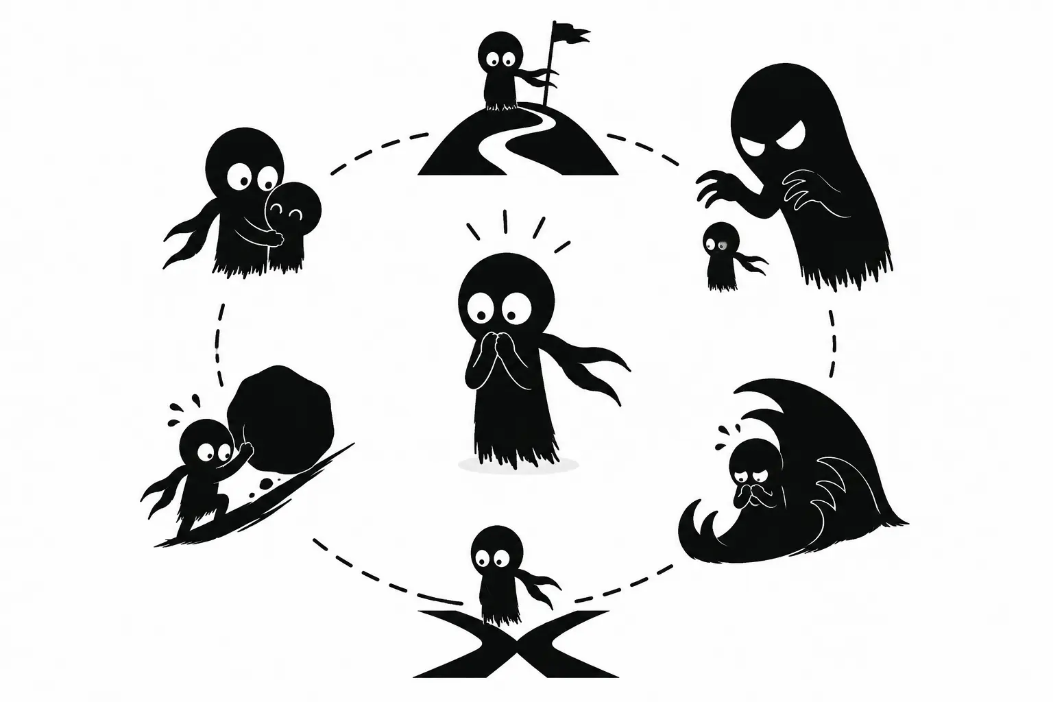 Kiro fait face à des menaces grandissantes et à des choix difficiles dans une illustration minimaliste représentant le suspense et la tension narrative.