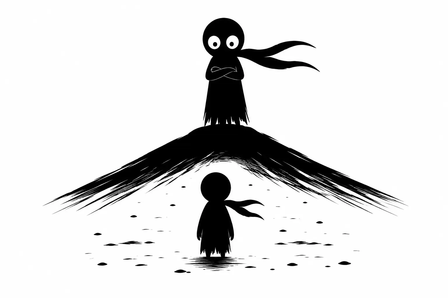 Kiro face à un antagoniste imposant sur une colline sombre dans une scène minimaliste noir et blanc