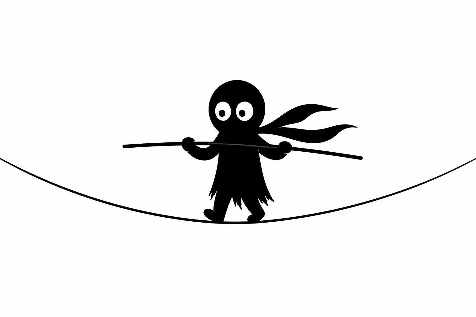 Kiro équilibre le suspense narratif sur un fil tendu avec une barre d’équilibre, illustration minimaliste noir et blanc sur fond blanc