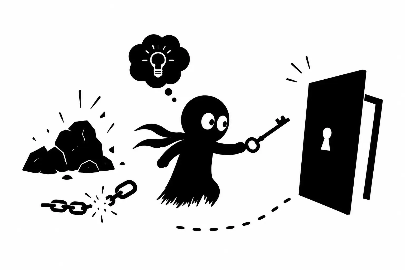 Kiro avance vers une porte verrouillée avec une clé à la main, entouré d’obstacles et d’éléments symbolisant le conflit et le suspense narratif