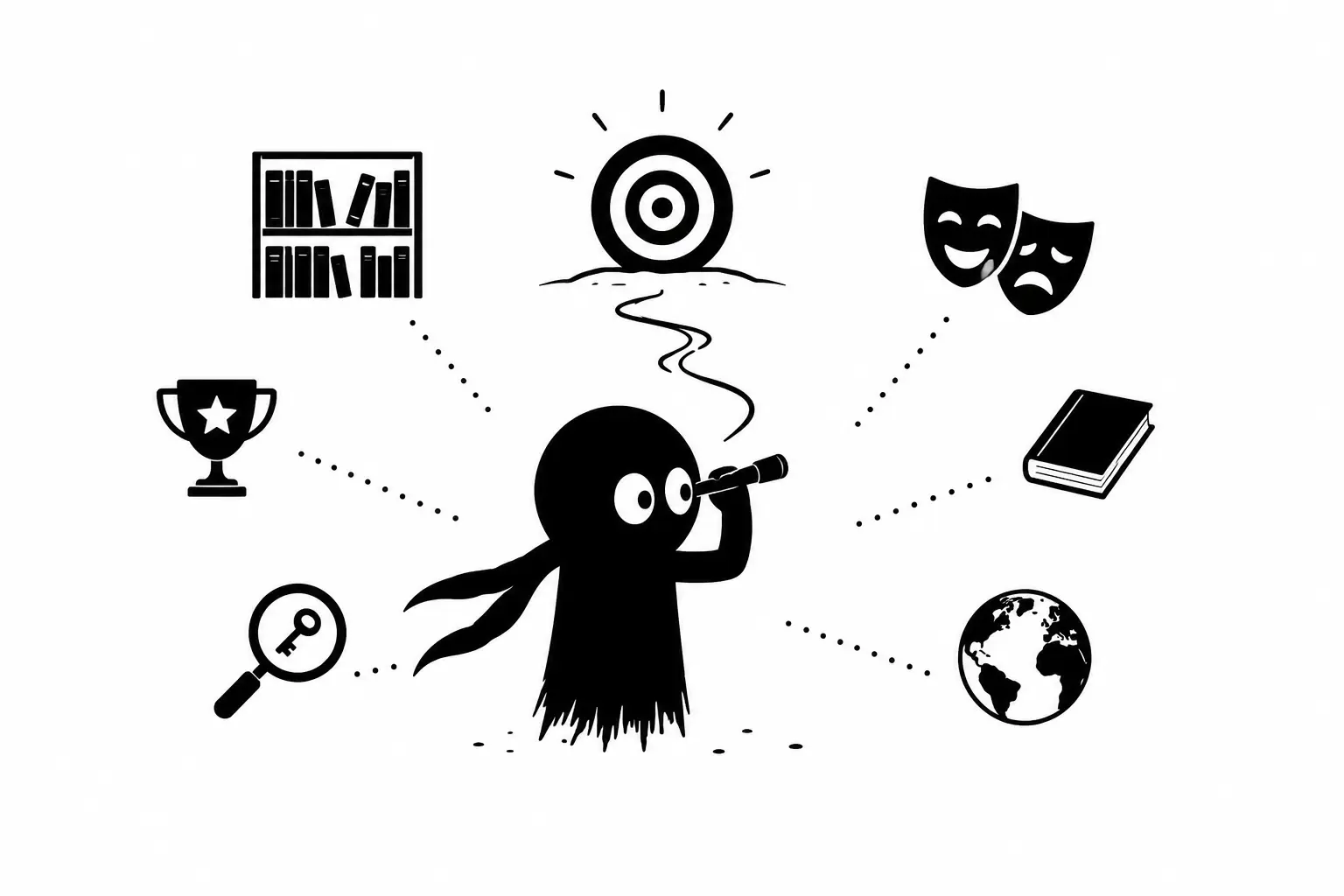 Petit personnage noir minimaliste observant une cible avec une longue-vue, entouré de symboles représentant l’analyse du marché, les livres, les tendances et la stratégie éditoriale.