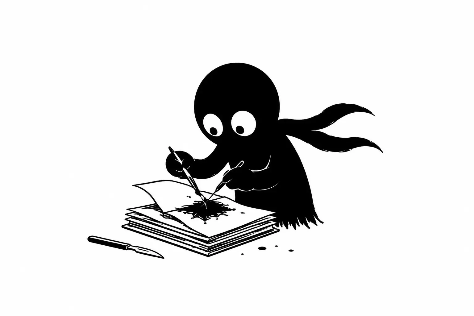 Kiro dissèque un manuscrit avec précision pour extraire l’essence d’une histoire dans une illustration minimaliste en noir et blanc.