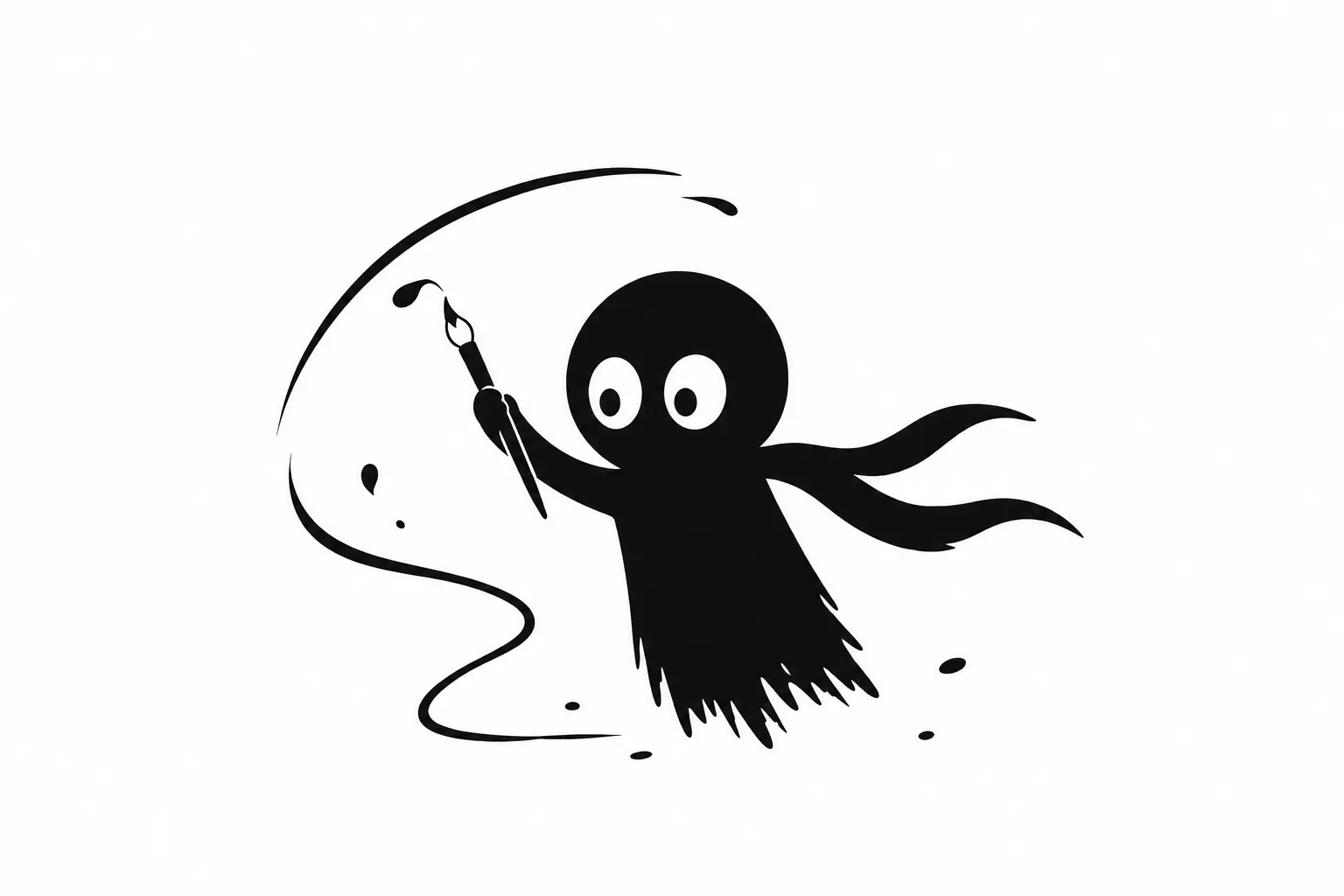 Kiro, petit personnage noir minimaliste, peint des courbes d’encre élégantes symbolisant la musicalité et la puissance des mots sur fond blanc.