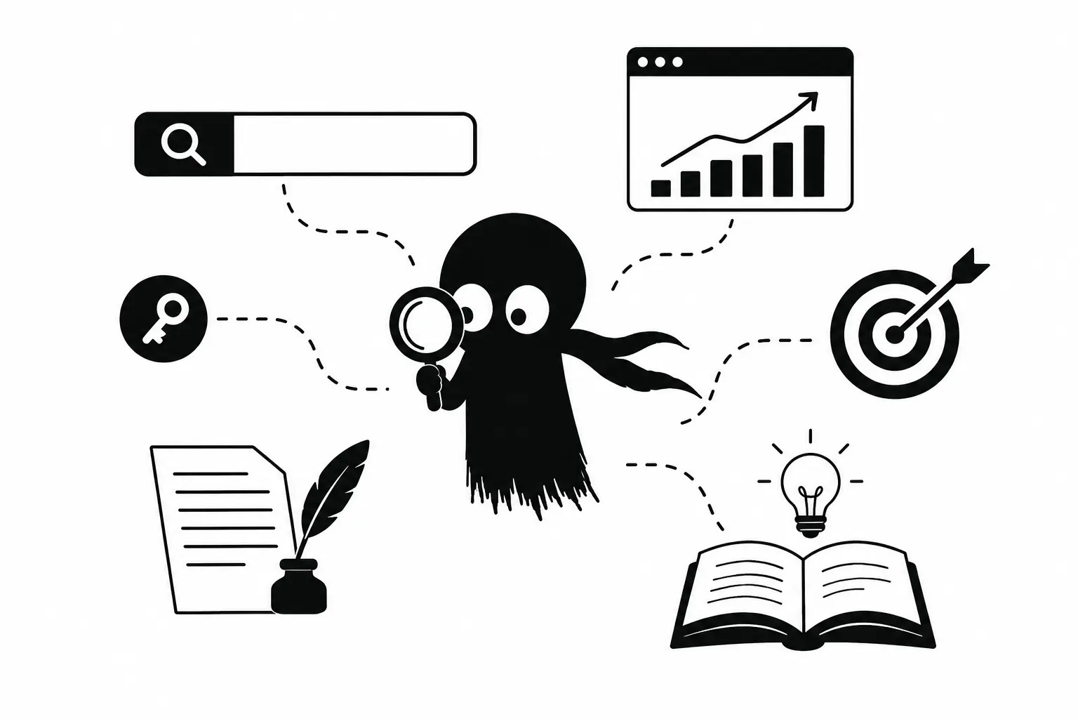 Illustration minimaliste en noir et blanc d’un personnage Kiro analysant des éléments de SEO et marketing digital avec loupe, barre de recherche, graphique de croissance, cible et livre ouvert sur fond blanc.