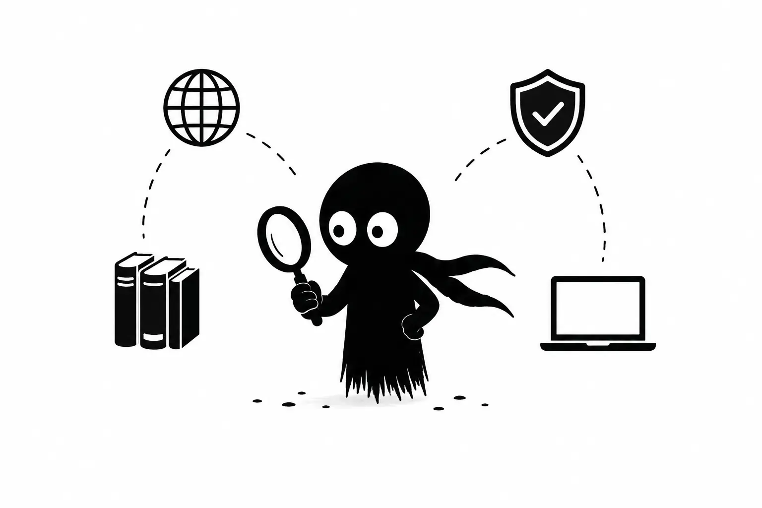 Kiro analyse la disponibilité d’un titre de livre avec une loupe, entouré d’icônes représentant la recherche web, les livres, la protection juridique et le numérique.