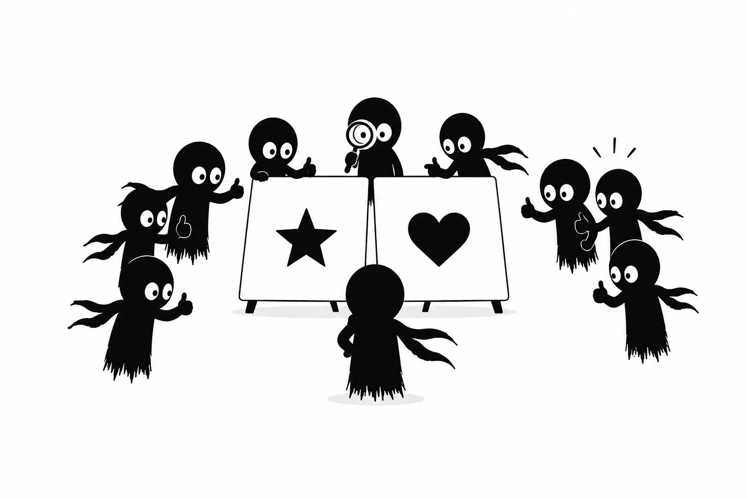Illustration minimaliste de Kiro testant deux idées devant un groupe de personnages donnant leur avis, symbolisant le crash-test d’un titre ou d’une idée auprès du public.