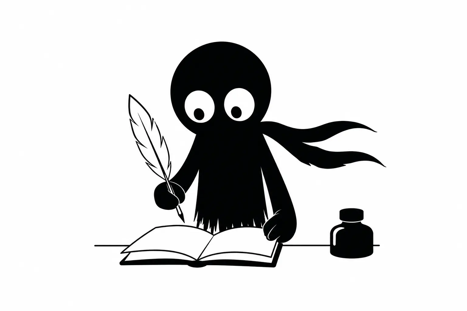 Kiro, petit personnage noir minimaliste, écrit avec une plume devant un livre ouvert sur fond blanc épuré.