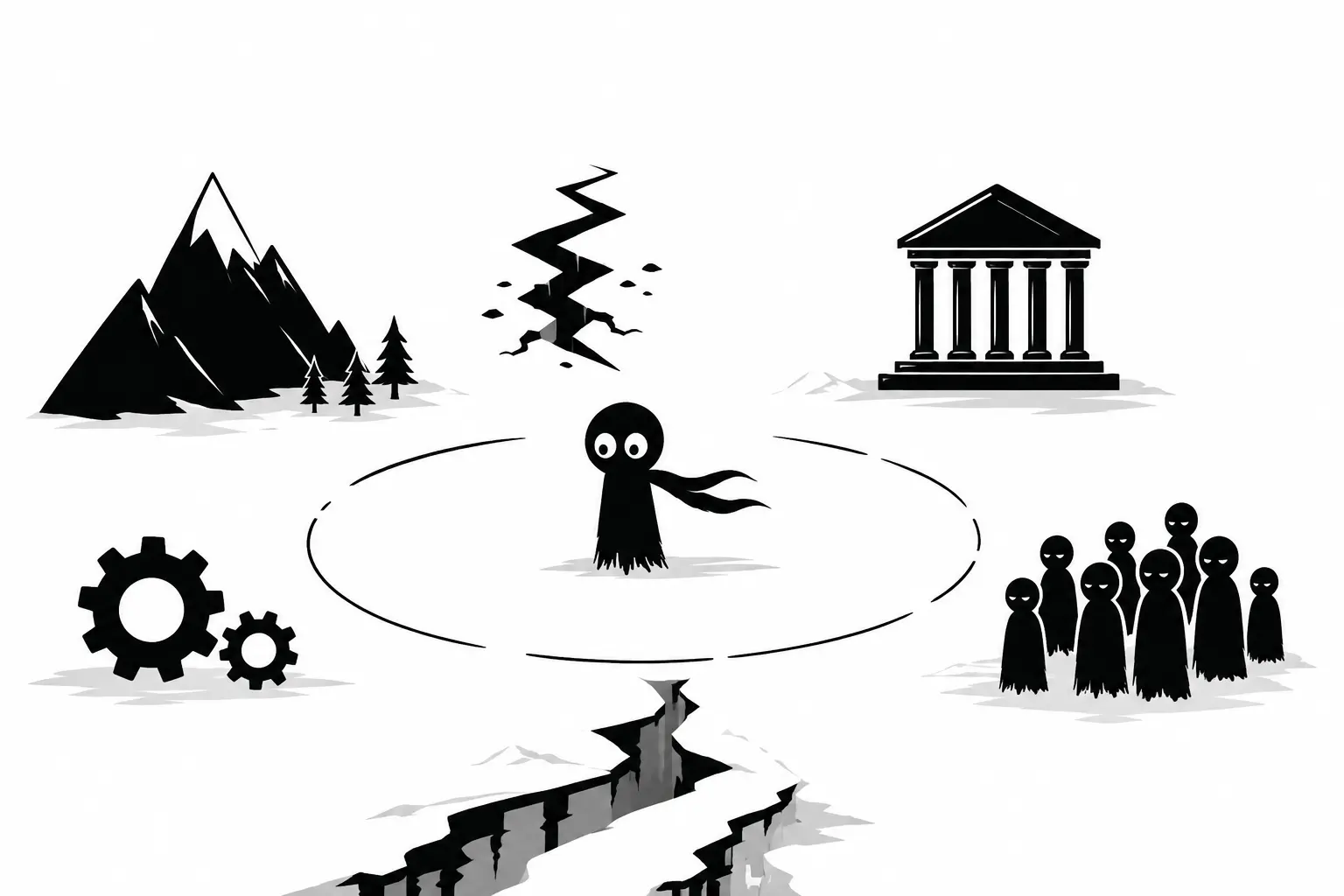 Kiro observe un monde symbolique où montagnes, failles et structures représentent les règles du worldbuilding au service du récit.