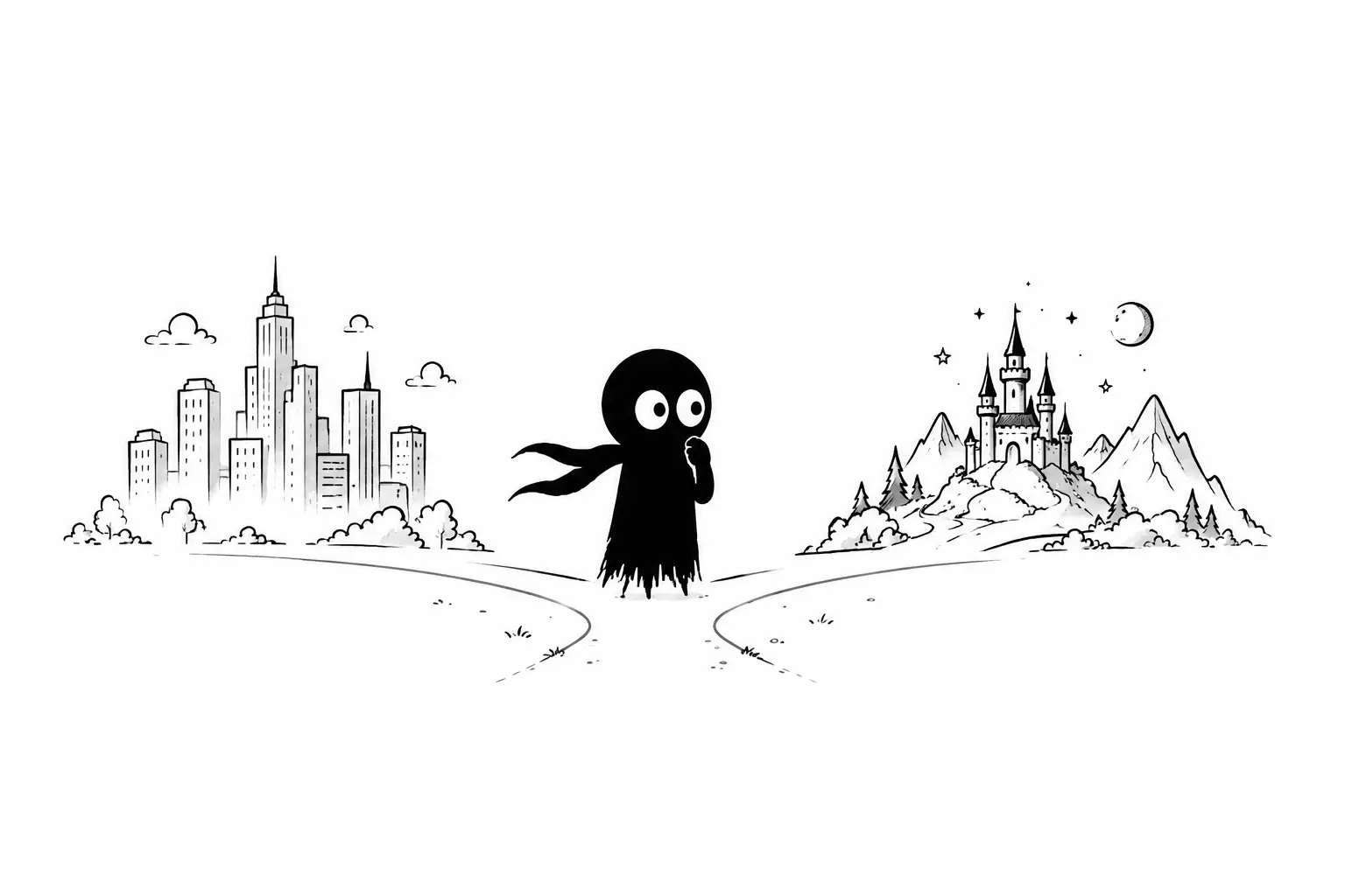 Kiro hésite entre une ville moderne et un royaume fantastique dans un univers minimaliste en noir et blanc sur fond blanc