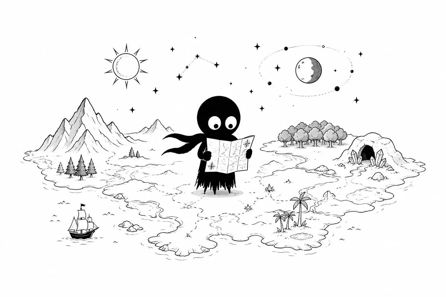 Kiro explore une carte imaginaire entourée de montagnes, forêts, rivières et astres dans un univers minimaliste en noir et blanc