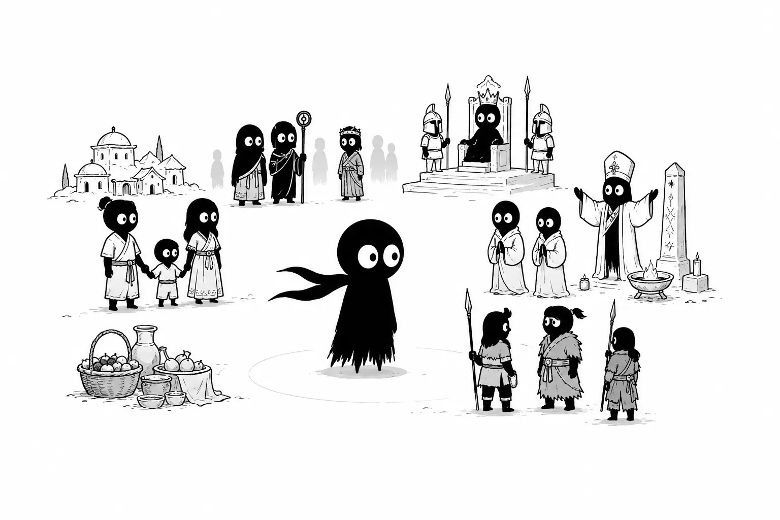 Kiro découvre différentes cultures et groupes sociaux dans un univers imaginaire minimaliste en noir et blanc