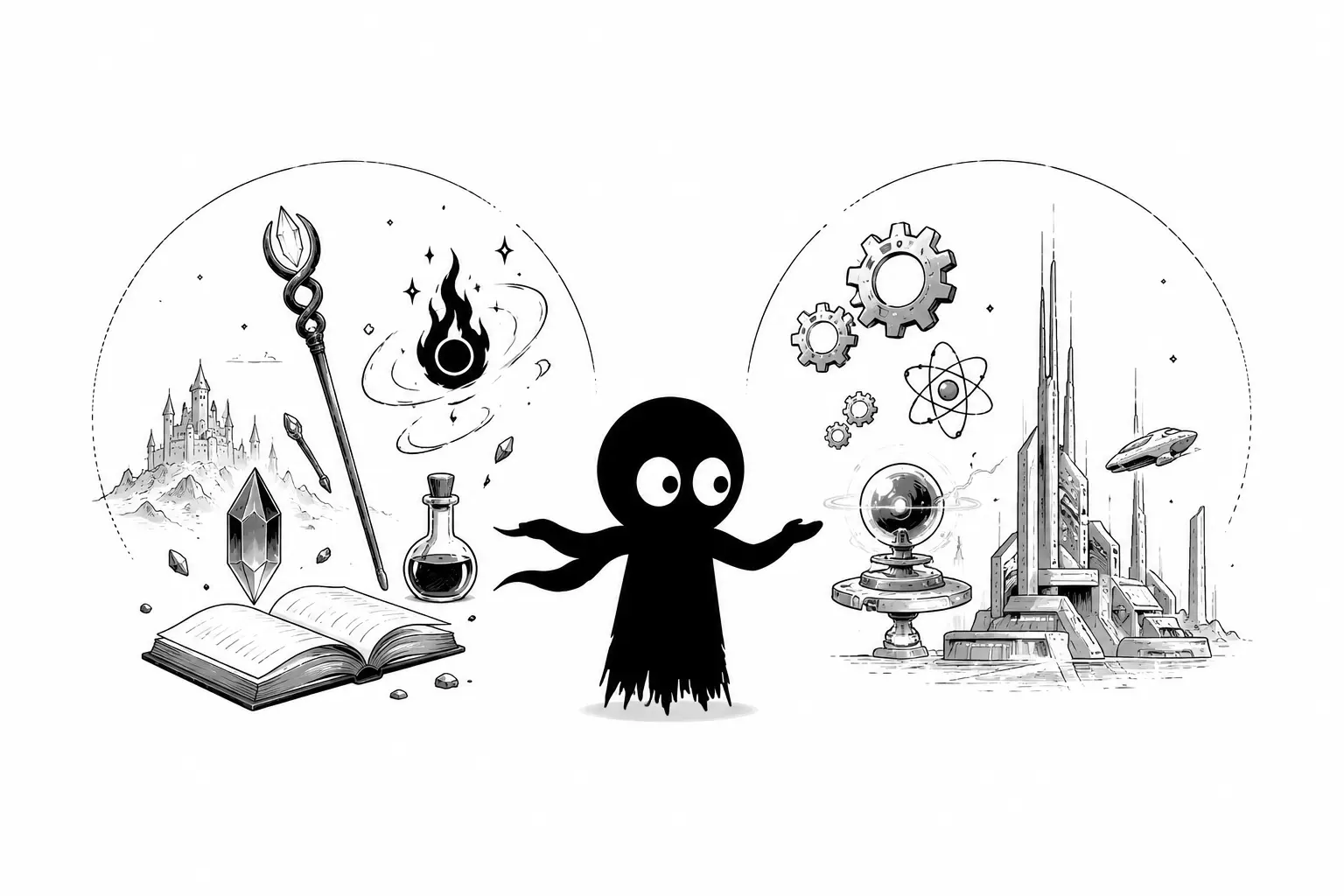 Kiro compare un univers de magie et un monde technologique futuriste dans une illustration minimaliste en noir et blanc