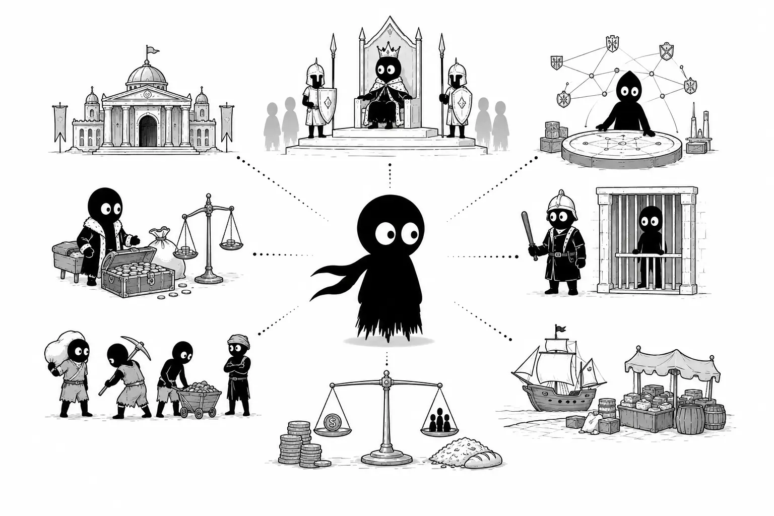Kiro observe les systèmes politiques, économiques et sociaux d’un monde imaginaire dans une illustration minimaliste en noir et blanc