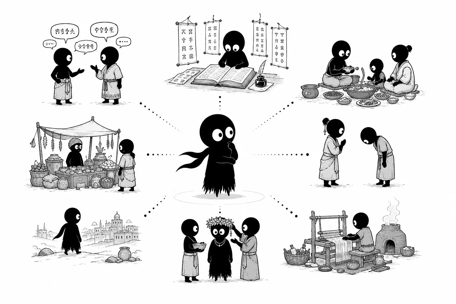 Kiro découvre les langues, les coutumes et la vie quotidienne d’une civilisation imaginaire dans une illustration minimaliste en noir et blanc
