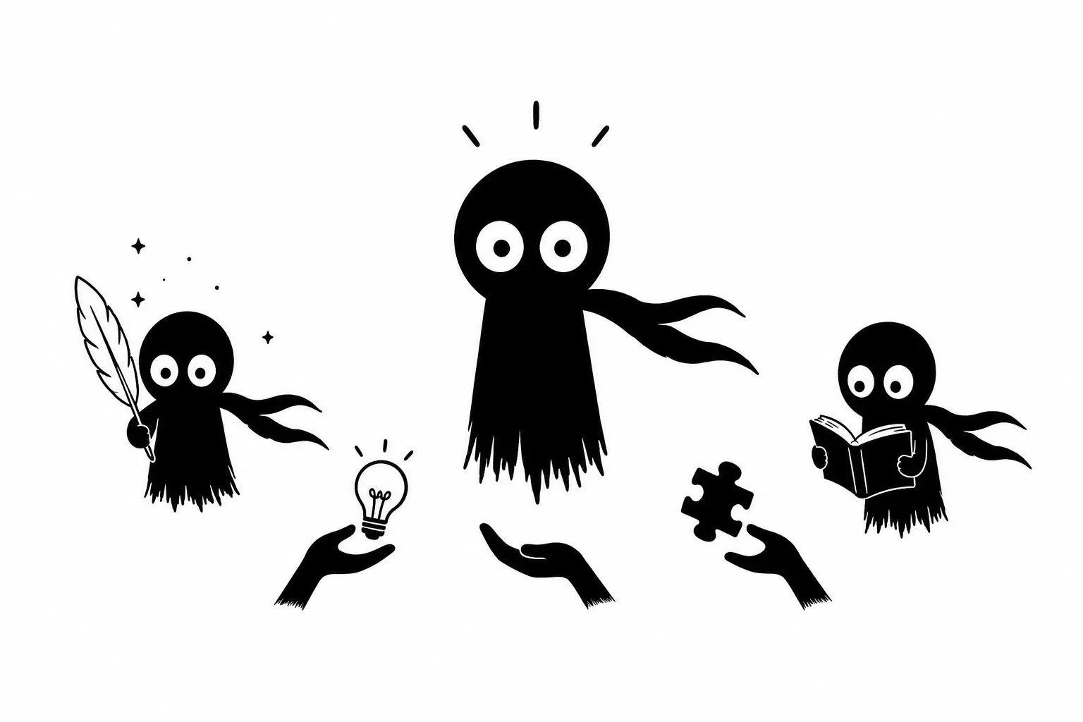 Kiro explore les trois dimensions de la voix littéraire entre auteur, narrateur et personnage dans une illustration minimaliste en noir et blanc