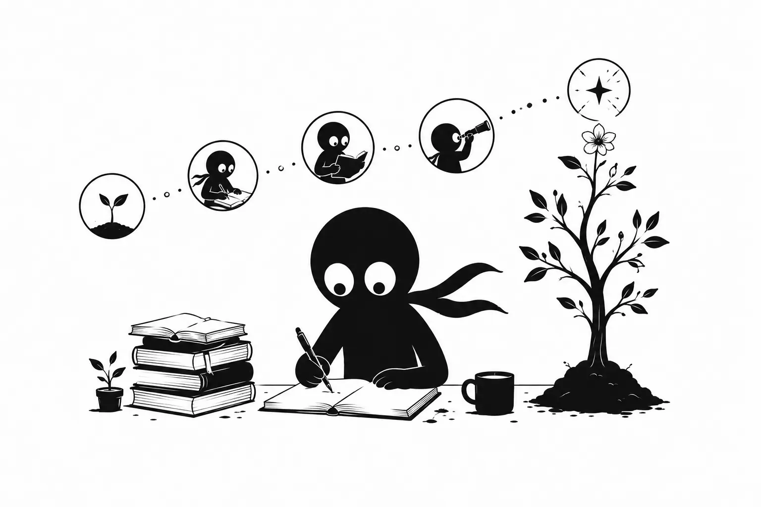 Kiro développe sa voix littéraire au fil du temps dans une illustration minimaliste symbolisant la croissance créative