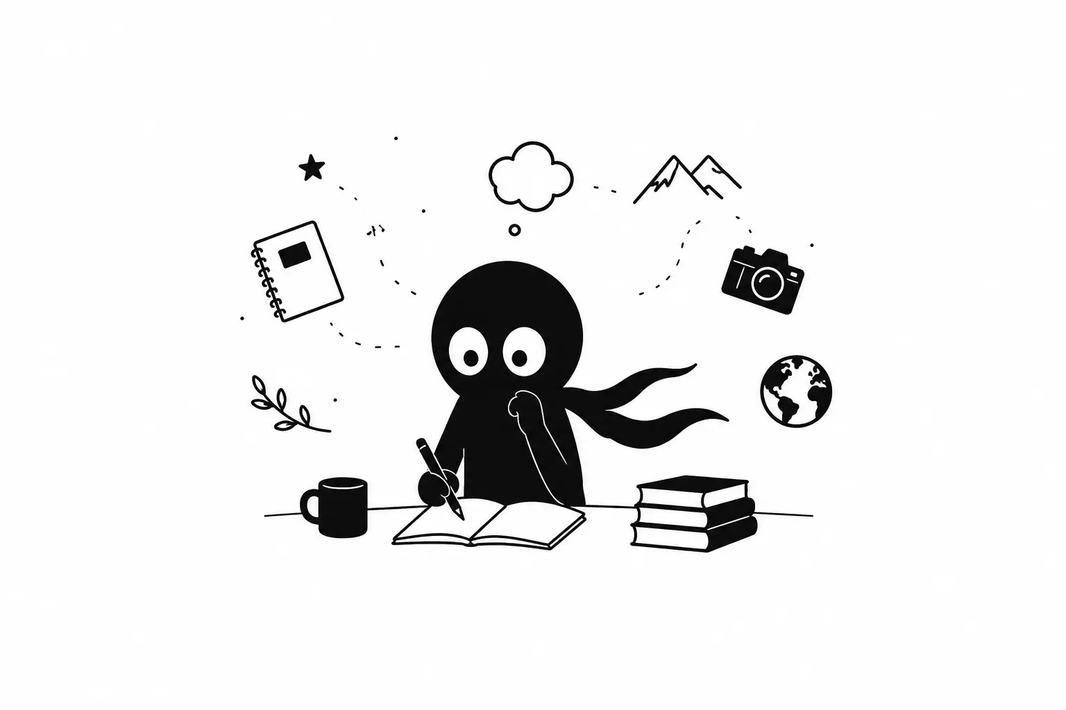Kiro écrit dans un carnet et explore ses pensées créatives entouré de symboles représentant l’introspection, l’imagination et les souvenirs personnels.