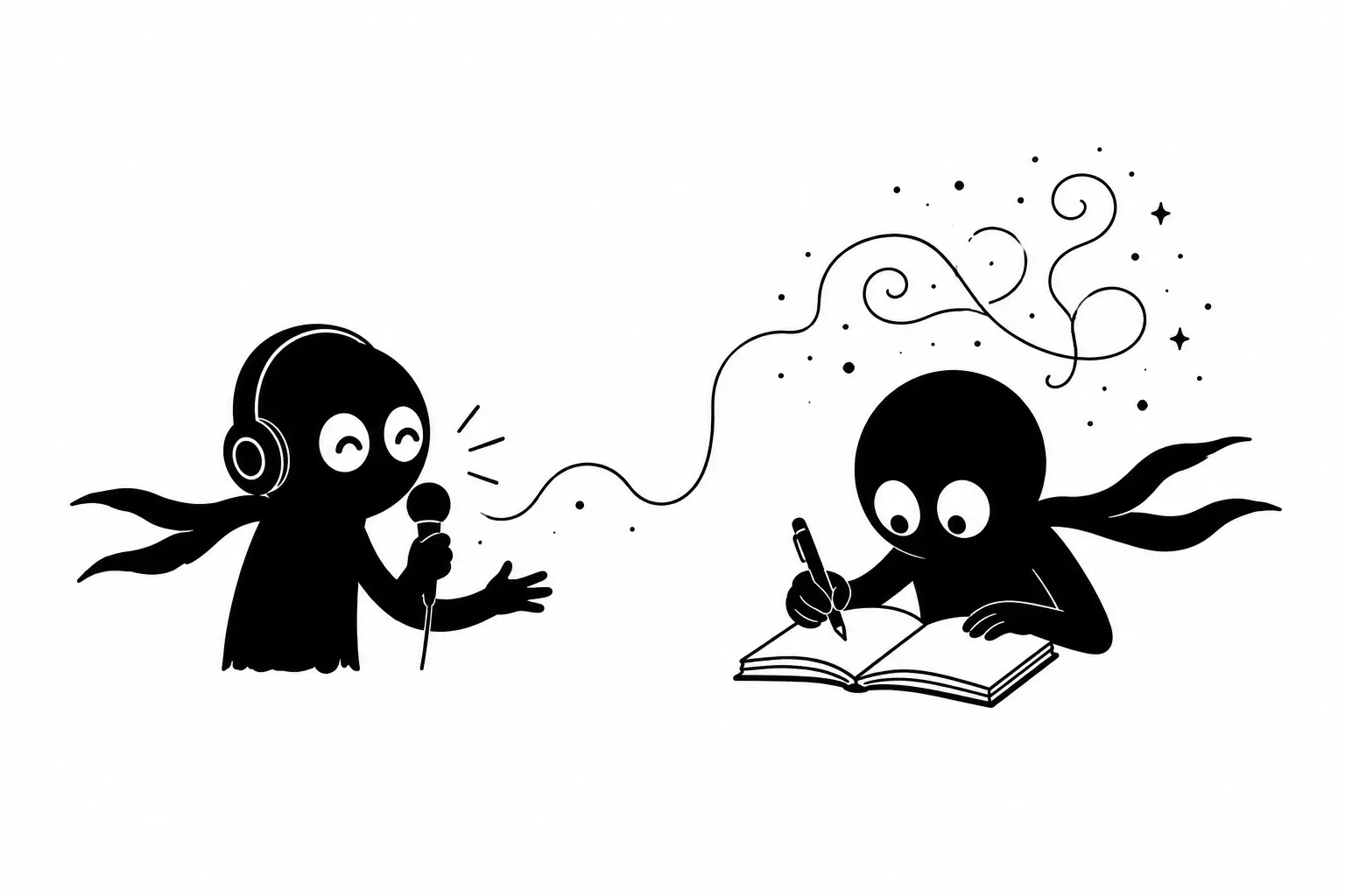 Kiro transforme sa voix naturelle en écriture en parlant dans un micro pendant qu’un autre Kiro écrit dans un carnet relié par un flux créatif.