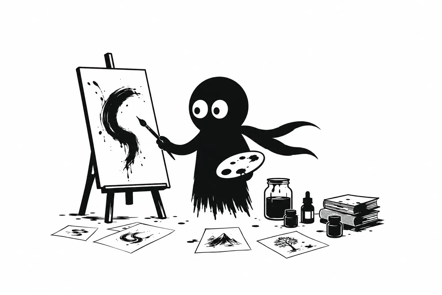 Kiro expérimente différents styles artistiques devant un chevalet dans une scène minimaliste en noir et blanc sur fond blanc