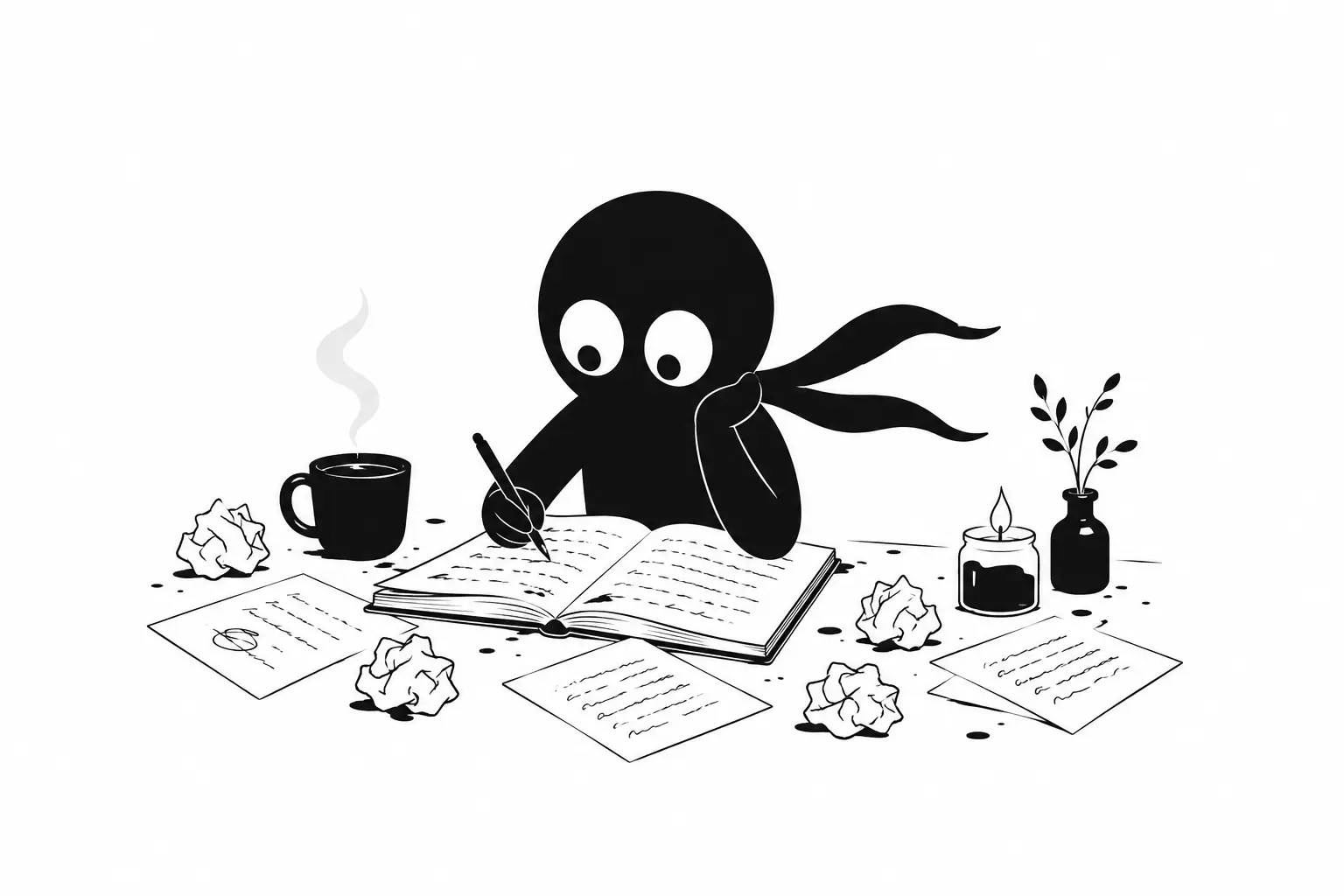 Kiro pratique l’écriture libre dans un carnet entouré de feuilles froissées et d’objets créatifs sur fond blanc