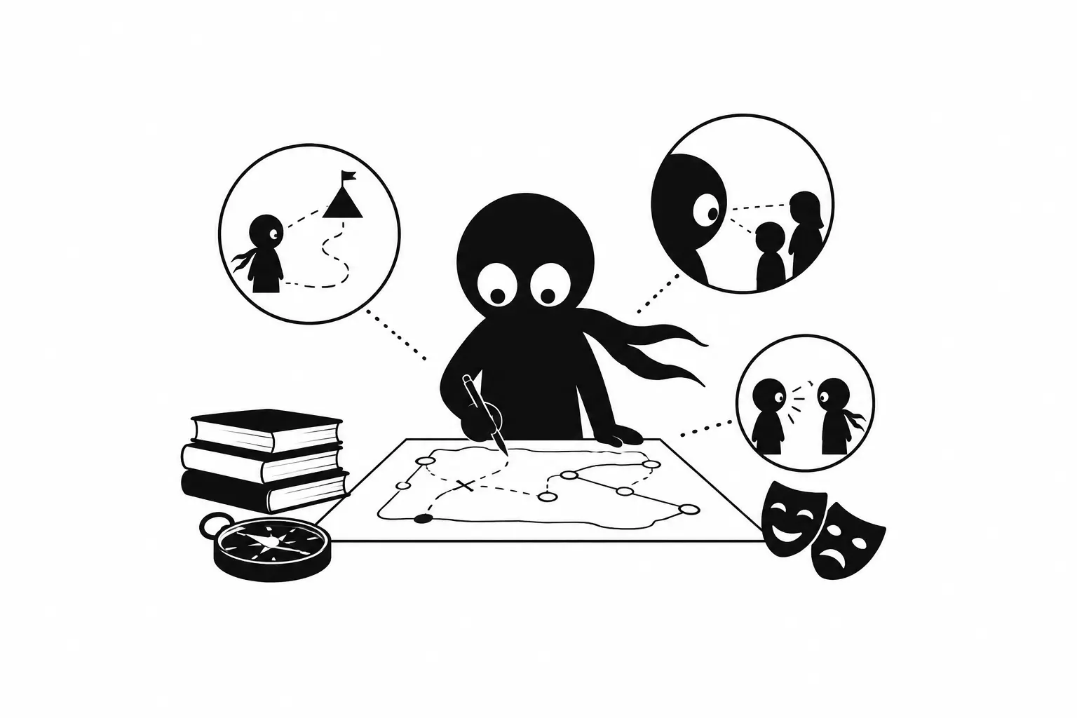 Kiro organise la structure d’un récit avec une carte narrative et plusieurs points de vue dans une illustration minimaliste en noir et blanc