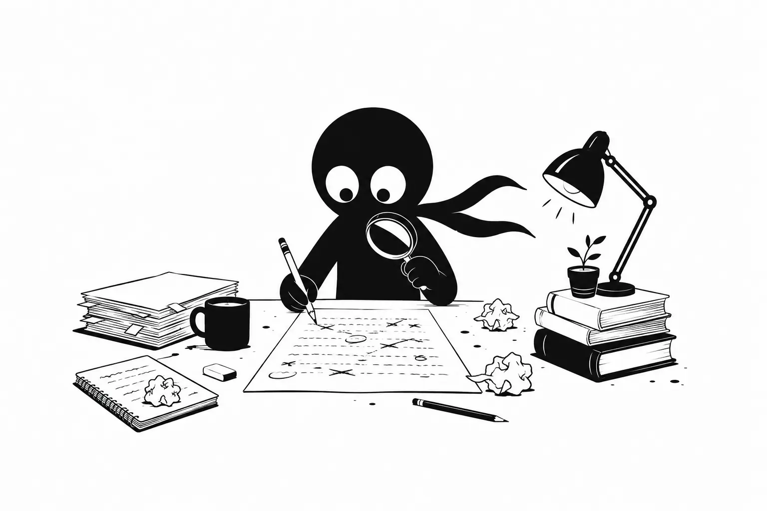 Kiro révise attentivement un manuscrit avec une loupe et des notes dans une scène minimaliste en noir et blanc