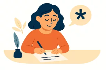 Illustration vectorielle d’une femme écrivant, avec un astérisque dans une bulle représentant une note en bas de page.