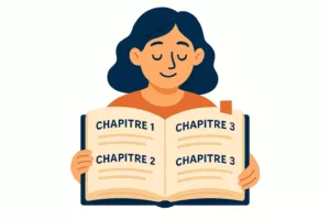 Jeune femme souriante tenant un livre ouvert avec plusieurs chapitres visibles, illustration en flat design.