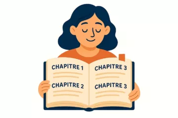 Jeune femme souriante tenant un livre ouvert avec plusieurs chapitres visibles, illustration en flat design.