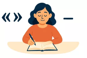 Illustration d’une femme écrivant dans un carnet, entourée de symboles de guillemets et d’un tiret, symbolisant la réflexion sur la ponctuation des dialogues.