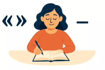 Illustration d’une femme écrivant dans un carnet, entourée de symboles de guillemets et d’un tiret, symbolisant la réflexion sur la ponctuation des dialogues.