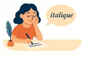 Illustration vectorielle d'une femme écrivant avec un stylo, une bulle contenant le mot "italique" au-dessus d'elle.