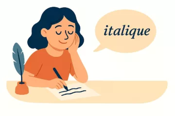 Illustration vectorielle d'une femme écrivant avec un stylo, une bulle contenant le mot "italique" au-dessus d'elle.