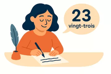 Illustration vectorielle d’une femme écrivant, avec une bulle contenant le chiffre "23" et le mot "vingt-trois".