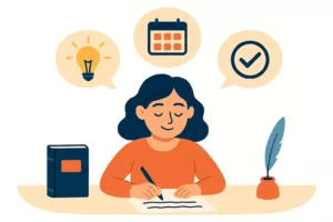 Illustration d’une jeune écrivaine débutante assise à un bureau avec trois bulles d’idées représentant l’inspiration, la planification et l’accomplissement.