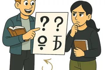 Illustration montrant deux personnes examinant attentivement une feuille présentant d’anciens symboles de ponctuation oubliés.