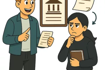 Illustration d’un homme tenant des documents et expliquant à une femme pensive tenant un livre, avec un clipboard et des icônes administratives en arrière-plan, sur fond blanc.