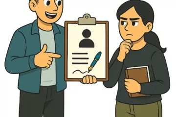 Illustration d’un homme montrant un formulaire sur un clipboard, accompagné d’une femme pensive tenant un livre, sur fond blanc.
