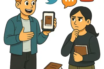Illustration d’un homme présentant un livre sur un smartphone à une femme pensive, avec des icônes de réseaux sociaux flottant au-dessus, sur fond blanc.