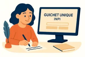 Jeune femme en train de s’inscrire sur le Guichet Unique INPI, devant un ordinateur, dans une ambiance flat design.