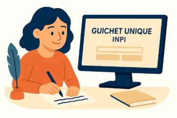 Jeune femme en train de s’inscrire sur le Guichet Unique INPI, devant un ordinateur, dans une ambiance flat design.