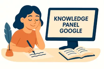 Illustration flat design d’une femme écrivant à son bureau avec un écran affichant "Knowledge Panel Google", symbolisant la création d'une identité numérique.