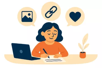 Illustration vectorielle d'une femme écrivant à son bureau avec des icônes flottantes représentant une image, un lien et un cœur – symboles des légendes de site internet d'écrivain.