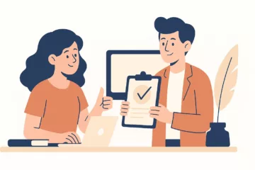 Illustration vectorielle moderne montrant deux personnages discutant d’un document officiel dans un bureau épuré.