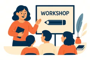 Illustration d’un atelier d’écriture pour écrivains débutants, avec une formatrice expliquant devant un tableau et plusieurs participants attentifs.